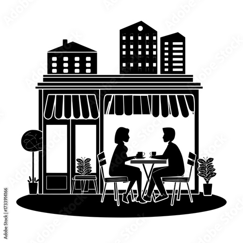 A modern illustration featuring a street cafe with a cozy atmosphere, pleasant environment, and outdoor seating is set against a simple 2D cartoon backdrop of a cityscape with shops, rendered in flat