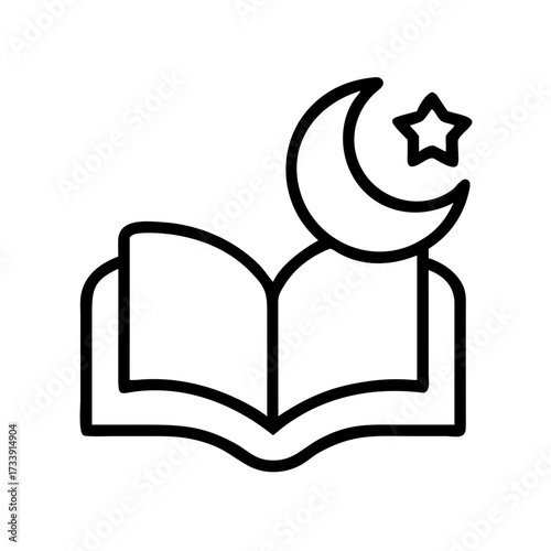 Vector art of open book with moon and star, representing islamic knowledge and spirituality
