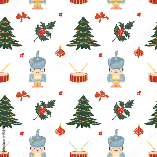 Christmas seamless pattern, Nutcracker and tree pattern, Holiday background