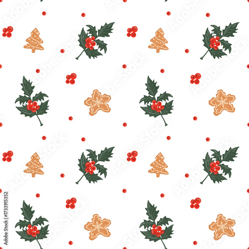 Cookie and holly berry seamless pattern, Ginger biscuit motif, Festive biscuit background