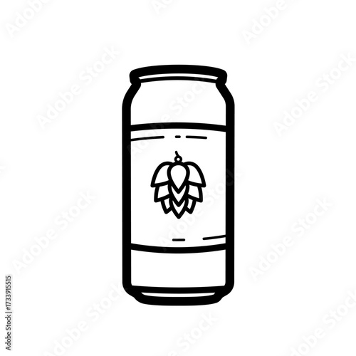 Beer can with hop label - line vector icon