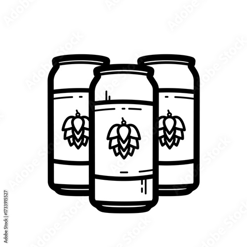 Three beer cans pack with hop label - line vector icon