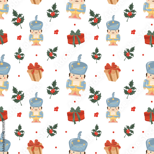 Nutcracker, gifts, holly berry seamless pattern, Festive gift pattern, Holiday background