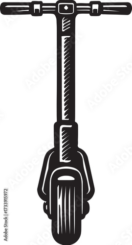 Stylized black and white illustration of the front view of an electric scooter with handlebars and front wheel