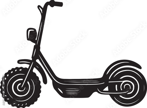Black silhouette of a modern electric scooter with large wheels and a headlight on a white background