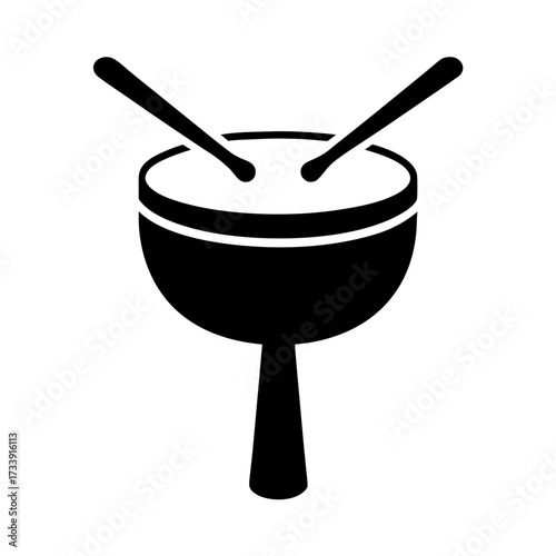Black and white graphic illustration of a goblet shaped drum with drumsticks