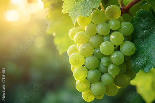 A close-up view of dewy green grapes hanging gracefully on a vine, illuminated by warm sunlight, creating a serene and fresh atmosphere.