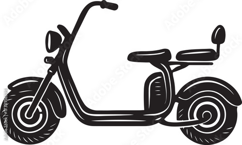 Stylized black silhouette of a modern electric scooter with wide tires and a comfortable seat for urban mobility