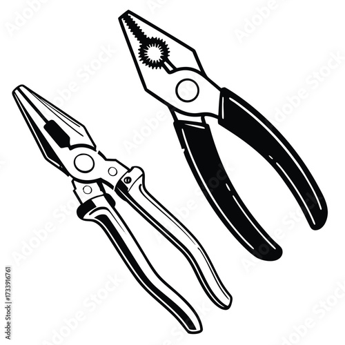 Two pairs of pliers, one combination and one long nose, on white background combination pliers long nose pliers