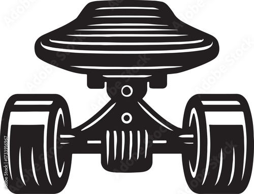 Retro futuristic flying saucer vehicle with large wheels and a domed top in a bold black and white graphic style