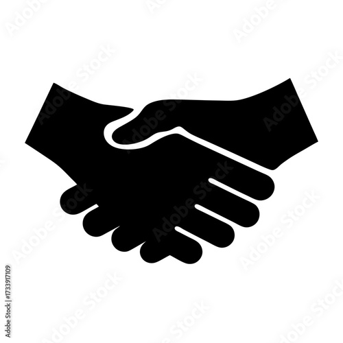 Black and white graphic illustration of two hands clasped in a handshake