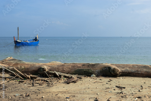 fishing boats docked on a tropical beach with Tree trunk, fishing village