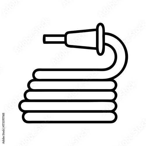 Illustration of a coiled garden hose with nozzle, a tool for watering plants