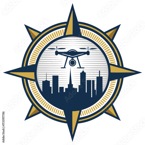 A drone hovers over a city skyline in a compass emblem.