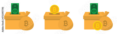 Bitcoin money box set icon, vector illustration