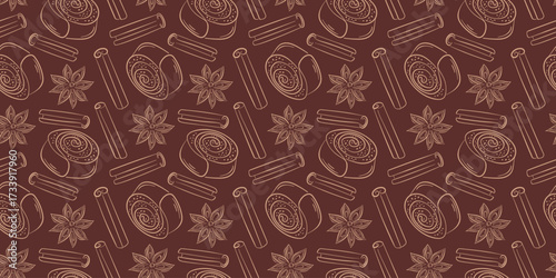 Seamless pattern with cinnamon bun, star anise and sticks drawn in line art style on a dark brown background. Perfect for bakery, cafe or kitchen wallpaper design.
