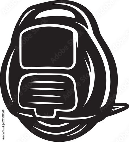 Stylized black and white illustration of a firefighter helmet with a prominent front shield and ear flaps evoking a sense of protection and bravery