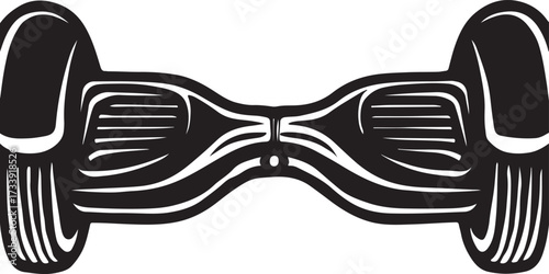 Stylized black and white graphic illustration of a futuristic self balancing electric scooter on a white background