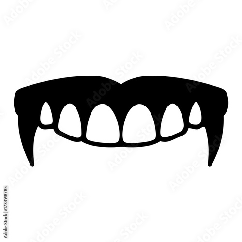 A black silhouette of vampire teeth with sharp fangs isolated on white