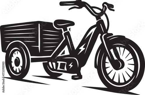 Black and white woodcut illustration of a modern electric cargo tricycle with a wooden box for carrying goods