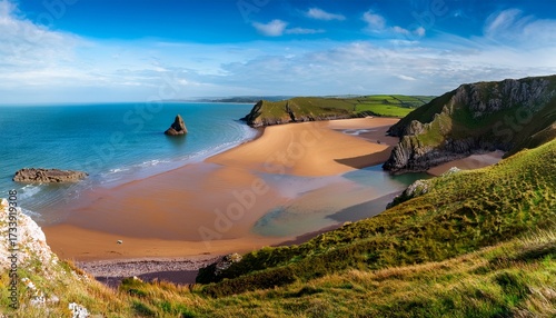 Three Cliffs Bay On The Gower Peninsular West Glamorgan Wales Which Is A Popular Welsh Coastline Attraction Travel Destination Of Outstanding Beauty In The Uk Vacations Stock Photo Image