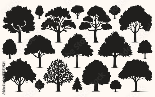 Silhouettes of various tree types displayed on a light beige background. The trees vary in shape and size, conveying diversity and nature.