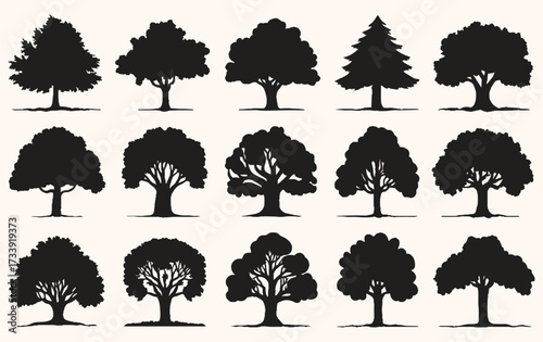 Various of black tree silhouettes on a light beige background feature diverse leaf shapes and branching patterns, conveying variety and natural beauty.