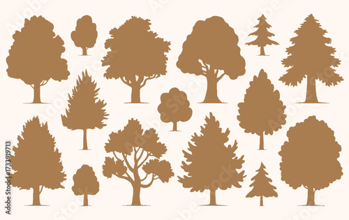 Silhouettes of various tree shapes in brown on a light beige background. Includes deciduous and coniferous types, creating a calm and natural feel.