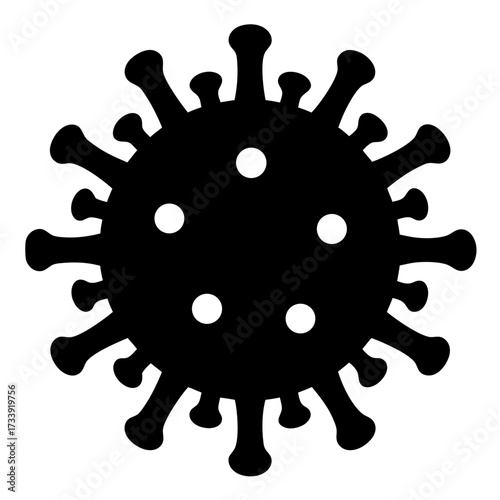 Black and white representation of a spherical virus with protruding spikes