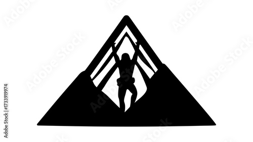 Silhouette climber reaching summit triumphantly within abstract mountain peaks, symbolizing achievement and adventure