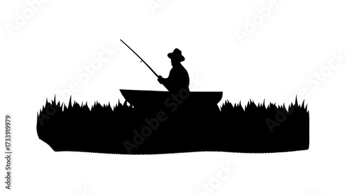 Lone angler casts line from boat amidst serene reeds, capturing peaceful outdoor pursuit