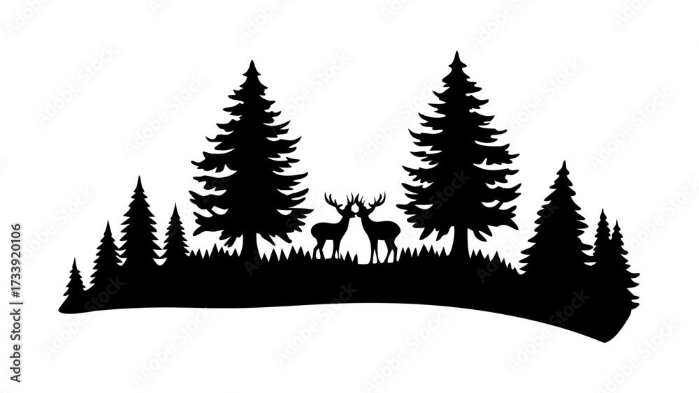 Obraz premium Majestic deer silhouettes embrace amidst a serene pine forest landscape scene