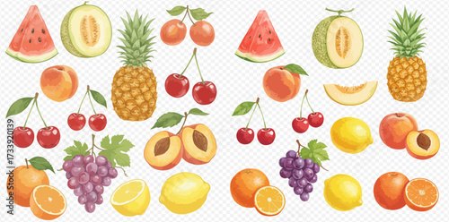 A vibrant collection of various fruits, including watermelon, melon, pineapple, cherries, peaches, plums, grapes, oranges, and lemons, arranged in a colorful and appealing display.