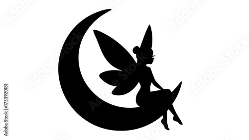 Enchanting fairy silhouette gracefully seated on crescent moon, radiating magical fairytale charm and wonder
