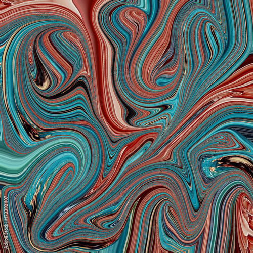 Bold red and teal abstract swirl with flowing textures, modern fluid art design full of contrast and movement.