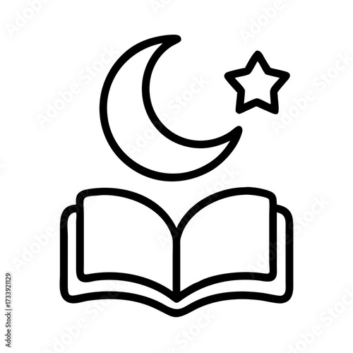 Vector art of open book with moon and star, representing islamic faith and understanding