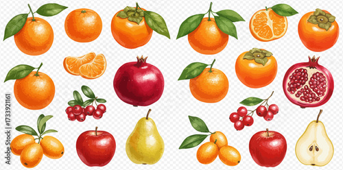 A vibrant assortment of fruits including oranges, persimmons, pomegranates, apples, pears, and berries.