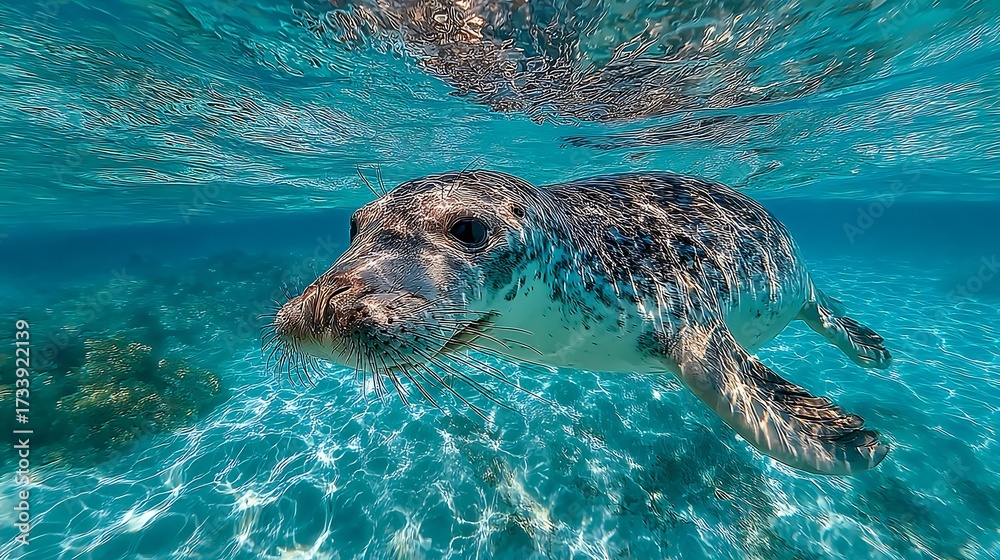 Obraz premium Curious seal glides through crystal turquoise ocean waters, sunbeams dancing on the sandy floor, a captivating underwater world for conservation campaigns