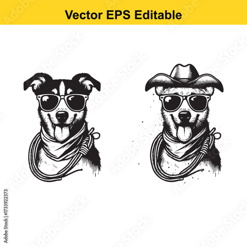 Two dogs wearing sunglasses and neckerchiefs, one with a cowboy hat, isolated on white background