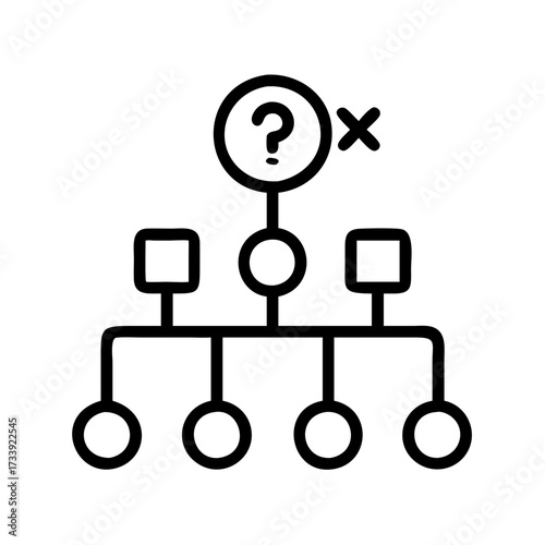 Vector art of flowchart with question mark and cross representing uncertain decision making process