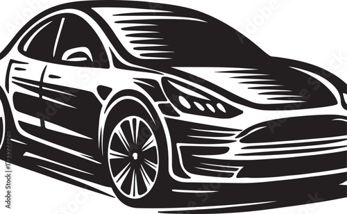 Stylized black and white linocut illustration of a modern electric sedan car with sleek lines and distinctive headlights