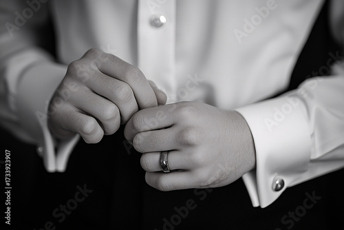 A close-up of hands adjusting cuffs on a formal white shirt, showcasing elegance and attention to detail, perfect for wedding or formal attire themes.