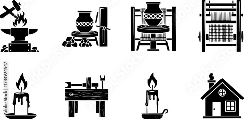 Craftsmanship icons: blacksmith, pottery, weaving, candle, woodworking, home