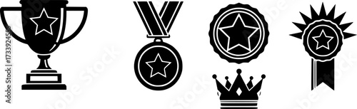 Set of black star icons: trophy, medal, badge, crown, and award symbols