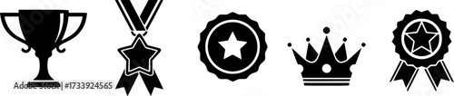 Set of black star icons: trophy, medal, badge, crown, and award symbols