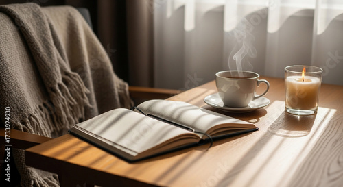 Cozy reading nook with book coffee and candle creating a relaxing atmosphere.