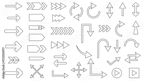 Set of vector linear black arrows. Icon of pointer, arrow, direction, button, movement, angle, circle, rotation. Various arrow symbols in outline, isolated on white background
