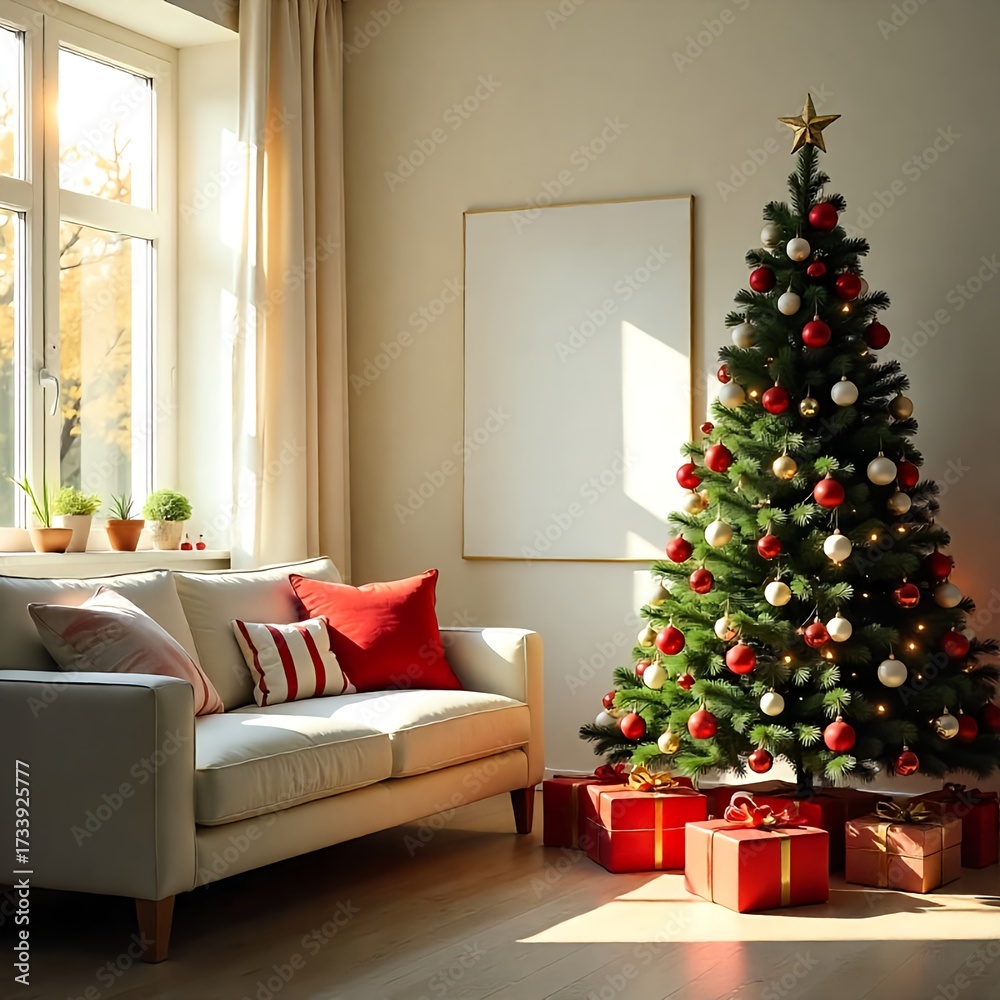 Naklejka premium living room with christmas decorations ,Sofa and Christmas tree, empty frame in modern style