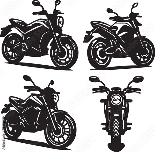 Collection of four distinct motorcycle silhouettes showcasing different angles and styles of modern sportbikes and cruisers