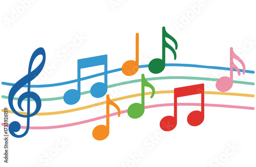 Colorful musical notes and treble clef floating on a wavy staff